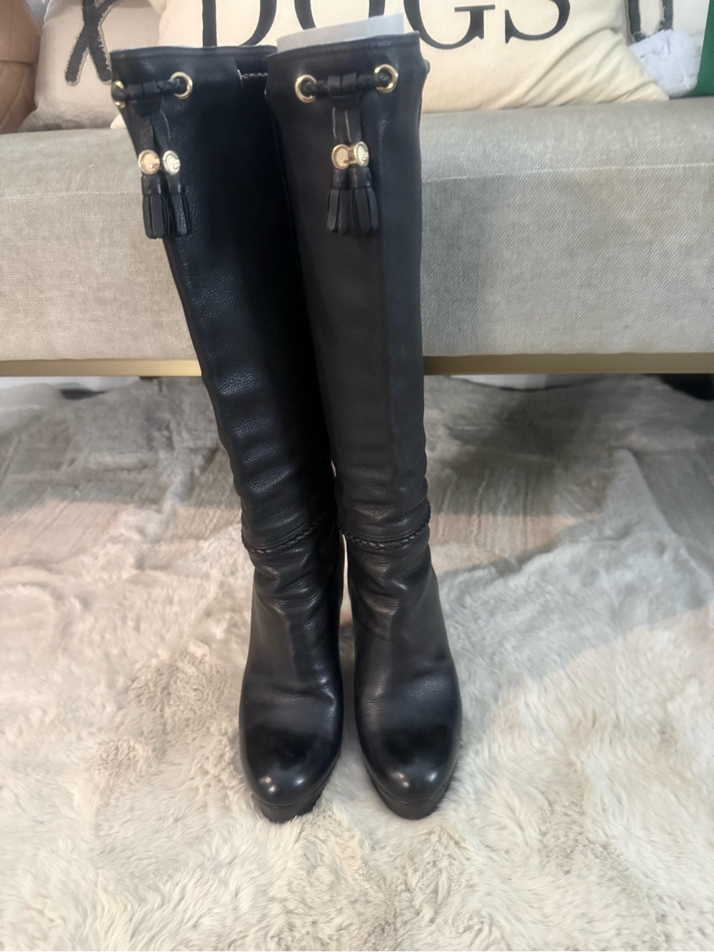 Gucci Black Leather Knee-High Tassel Boots with Gold Eyelets